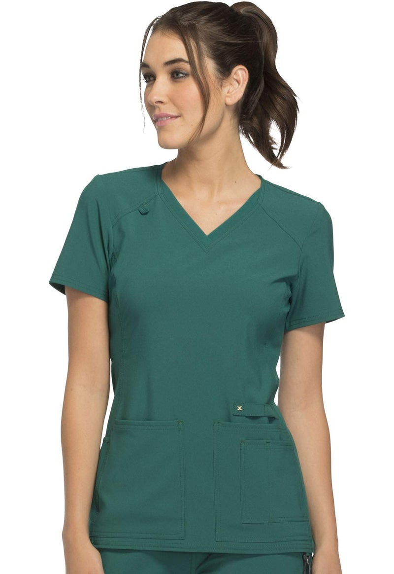 Cherokee Women's Medical Scrub Top Iflex V-Neck Knit Panel Top CK605, M, Hunter Green - Image 1